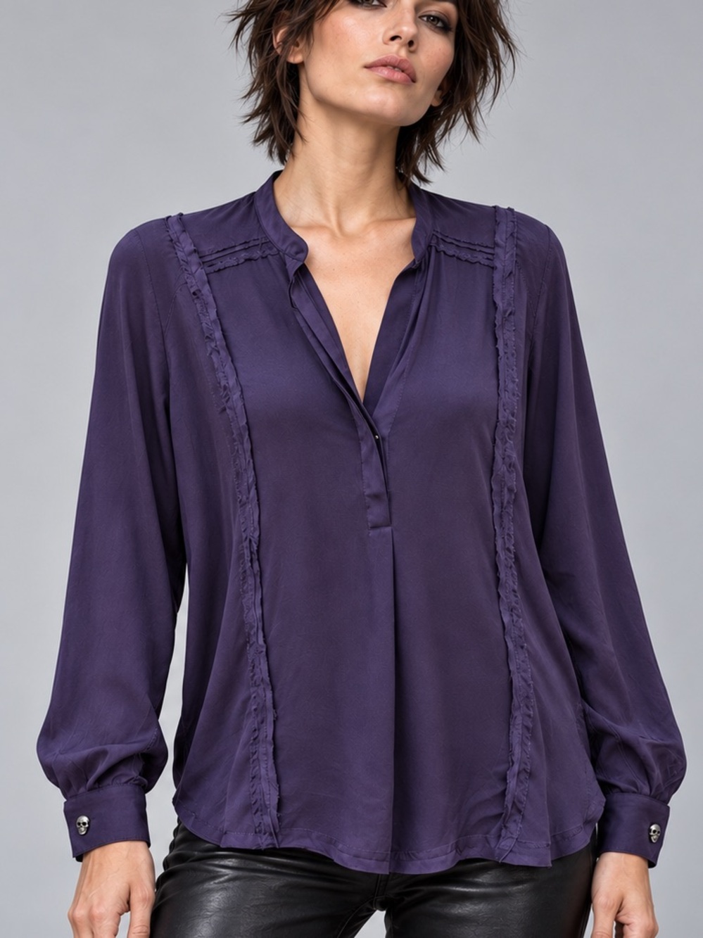 Zadig & Voltaire Tine BF Purple Raw Edge Skull Button Blouse Small
